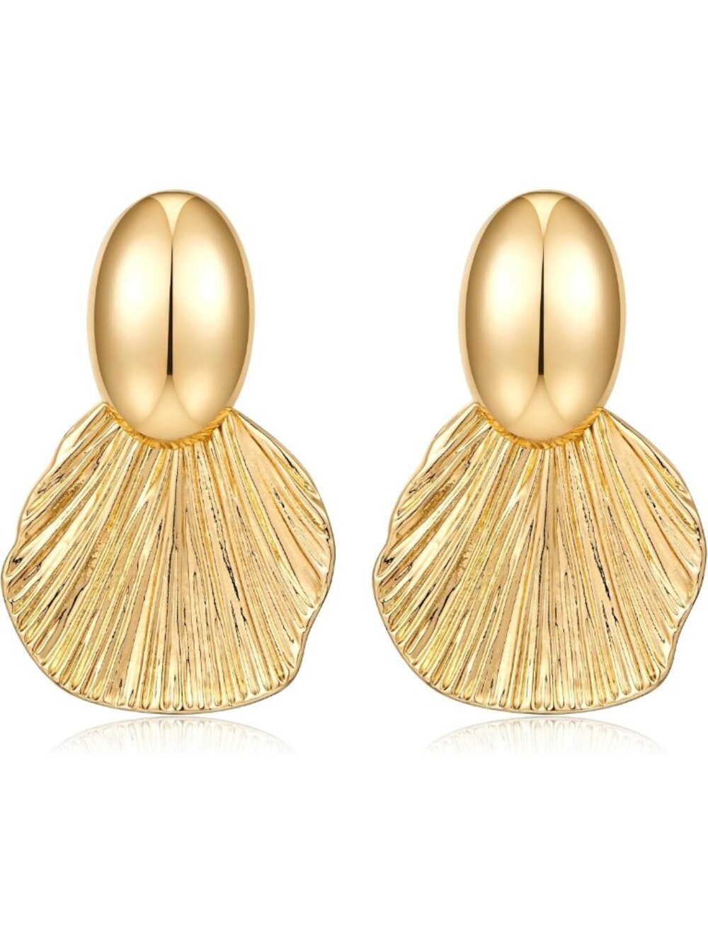 Chunky Gold Plated Dangle Earrings, Two-Tone Fan-Shaped Shell Jewelry for Women